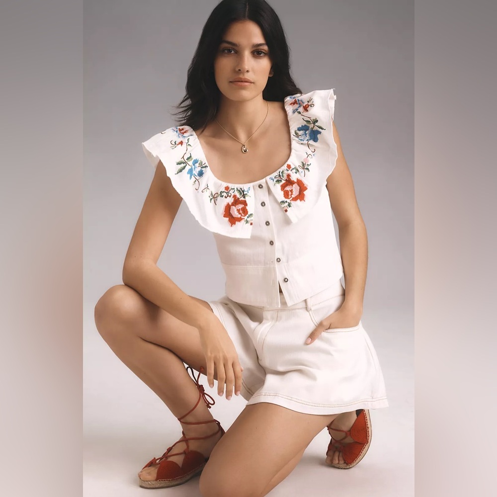 Embroidered White Ruffle-Sleeve Button Front Top - Picture 3 of 12